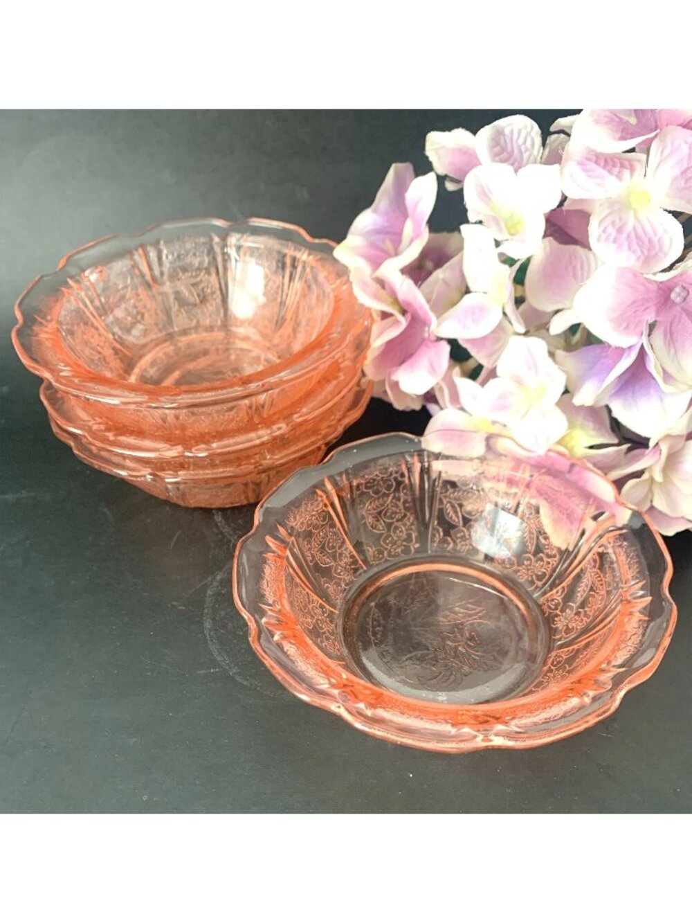 4 Cherry Blossom Pink Berry Bowls Dessert Bowl Depression Glass